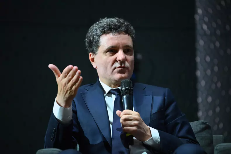 Nicusor Dan attends an online debate in Bucharest