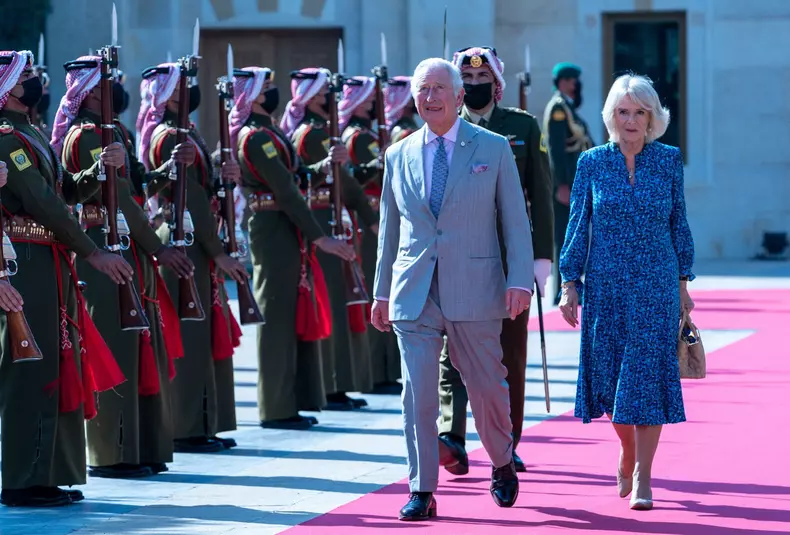 Prince Charles and Camilla Duchess of Cornwall formal welcome with His Majesty King Abdullah II and Her Majesty Queen Rania, Al Husseiniya Palace, Amman, Jordan - 16 Nov 2021