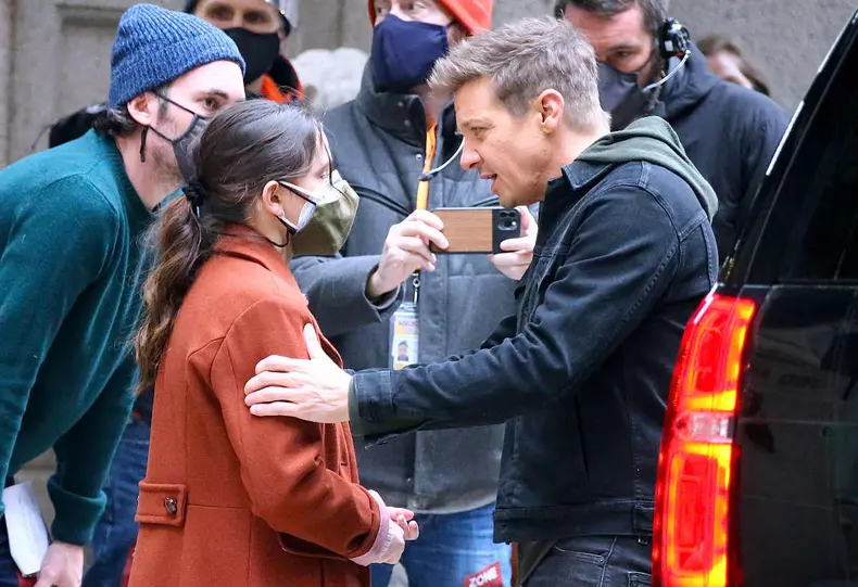 Jereny Renner on set in New York
