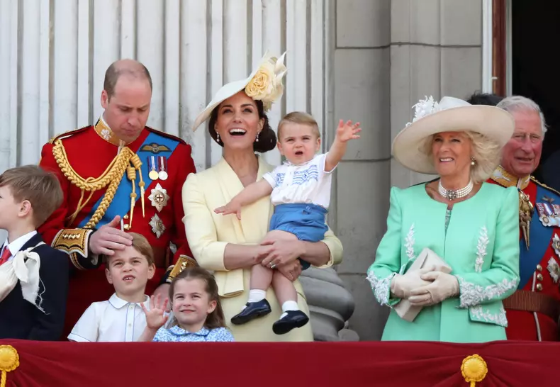 Members of the Royal family including Duchess of Cambridge, Duke of Cambridge, Prince George, Princess Charlotte, Prince Louis, and Queen Elizabeth II at Trooping the Colour, London June 8, 2019