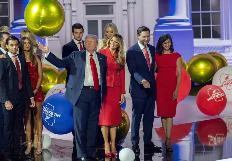 From left to right: former US President Donald J Trump, former first lady Melania Trump, United States Senator JD Vance (Republican of Ohio), the 2024 Republican nominee for Vice President of the US, and Usha Chilukuri Vance, wife of Senator JD Vance, on