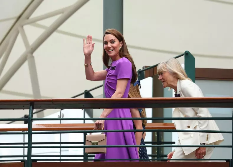 14th July 2024; All England Lawn Tennis and Croquet Club, London, England; Wimbledon Tennis Tournament, Day 14; Princess of Wales Kate Middleton waves to the crowd before entering Centre Court to watch Gentlemens Singles Final between Carlos Alcaraz (ESP)