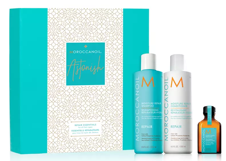 Set pentru repararea părului, șampon, balsam, ulei tratament, Moroccanoil, Astonish, 230 lei