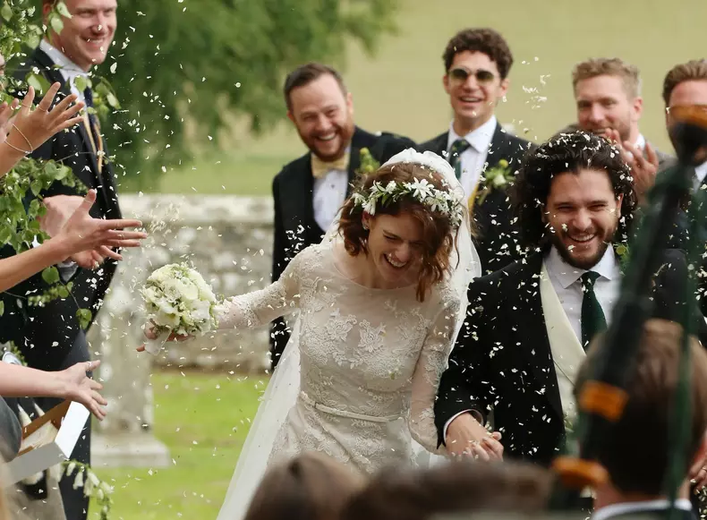 Kit Harington and Rose Leslie seen leaving Rayne Church after getting married.