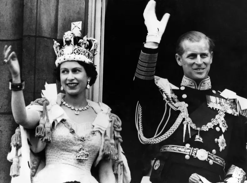 Queen Elizabeth II and the Duke of Edinburgh on their coronation day, Buckingham Palace, 1953.