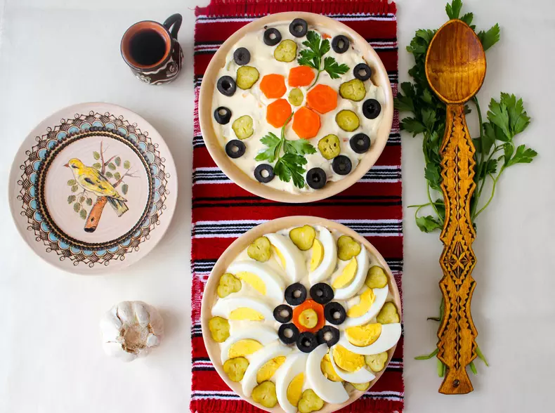 Top,View,Of,Bowls,With,Russian,Or,Romanian,Salad,,With