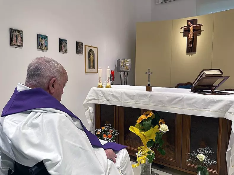 Pope Francis celebrates a mass inside the chapel of the Agostino Gemelli polyclinic