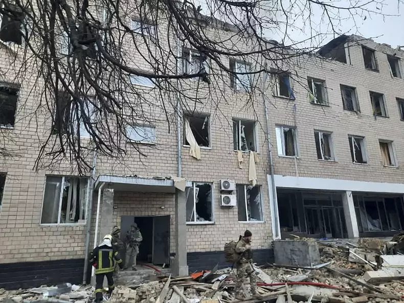 Aftermath of explosion in Kiev as Russian troops enter Ukraine