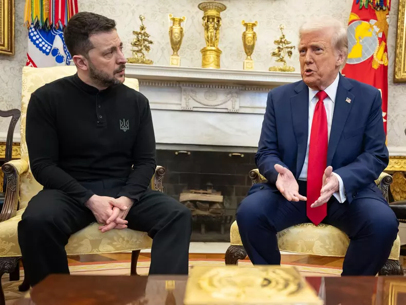 President Donald Trump greets President Volodymyr Zelenskyy of Ukraine, Friday, February 28, 2025, in the West Wing Lobby. (Official White House Photo by Daniel Torok)
