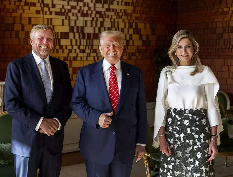 Queen Maxima and King Willem-Alexander with the president of the United States of America, Donald J. Trump, after their breakfast meeting at Huis ten Bosch palace