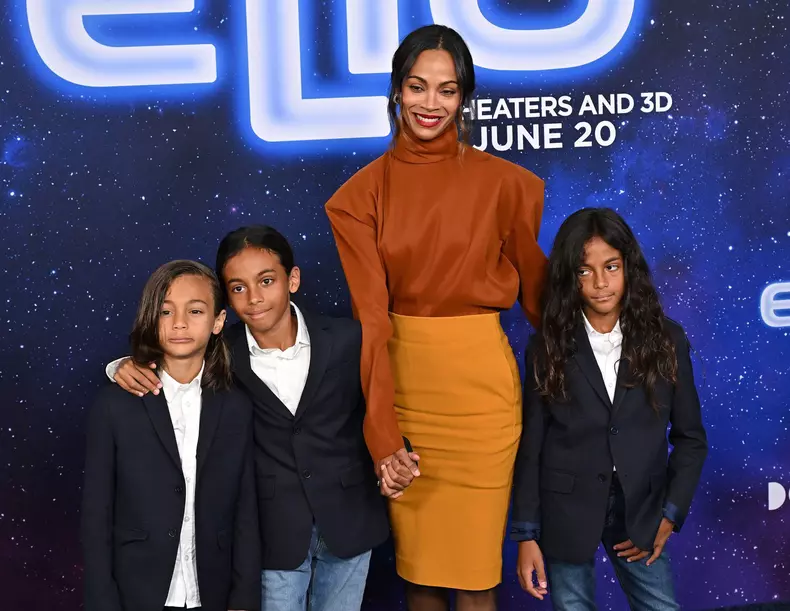 Zoe Saldana, Zen Anton Hilario Perego and Cy Arido Perego and Bowie Ezio Perego arriving to Disney Pixar’s “Elio” Los Angeles premiere held at the El Capitan Theatre on June 10, 2025 in Hollywood, Ca. © Starbuck/ AFF-USA.COM