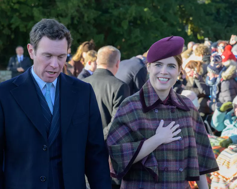 Sandringham, Norfolk, UK. 25th Dec, 2025. The Royal family leaving St. Mary Magdalene Church on the Sandringham Estate after the Christmas morning service, to greet well-wishers. Pictured: Princess Eugenie and husband, Jack Brooksbank. Credit: MartinJPalm