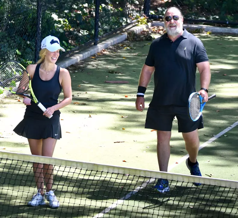 EXCLUSIVE: *NO DAILYMAIL ONLINE* Russell Crowe and rumoured new girlfriend, Britney Theriot, play a game of tennis together in Sydney