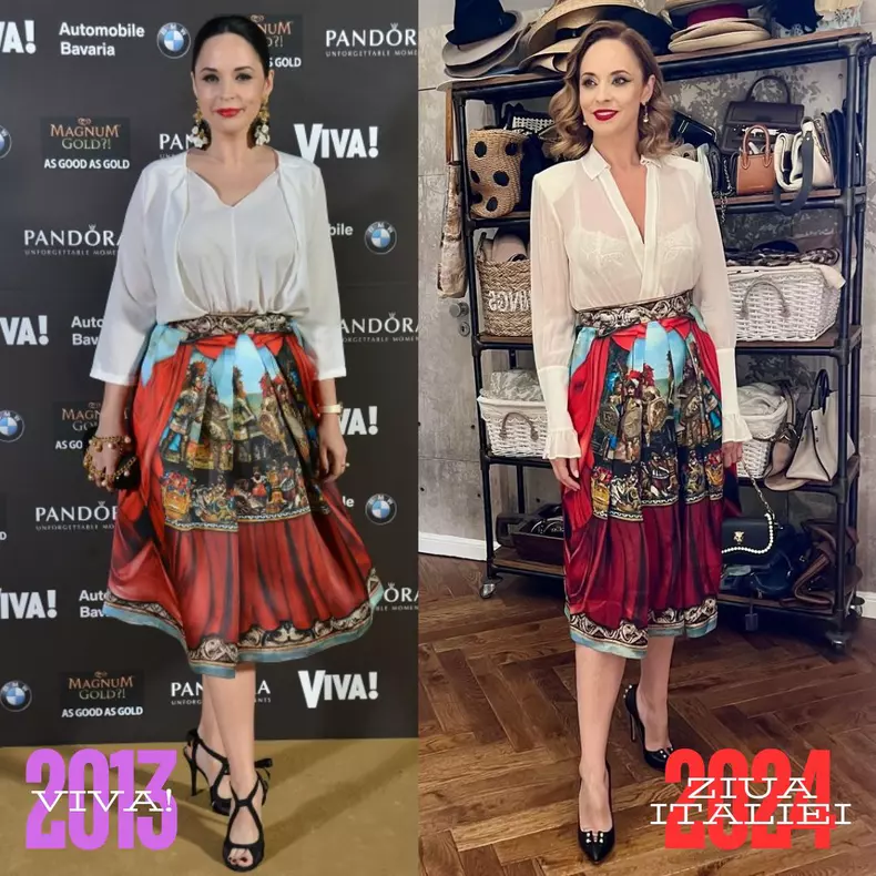 Andreea Marin 2013 vs 2024 - fustă Dolce & Gabbana