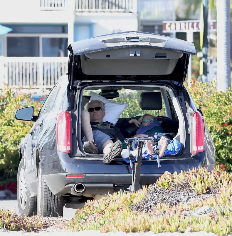 Dallas icon Patrick Duffy, 72, and Happy Days alum Linda Purl, 66, look like a pair of loved up hippies as they snuggle up for a romantic siesta together in the trunk of their rental car in Santa Barbara.