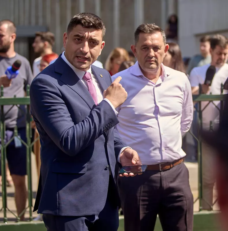 Bucharest, Romania. 1st July, 2024: George Simion (L), president of Alliance for the Union of Romanians (AUR) and candidate for the presidency of Romania, and Gheorghe Piperea (L), MEP, arrive for the consultations regarding the calendar of the presidenti