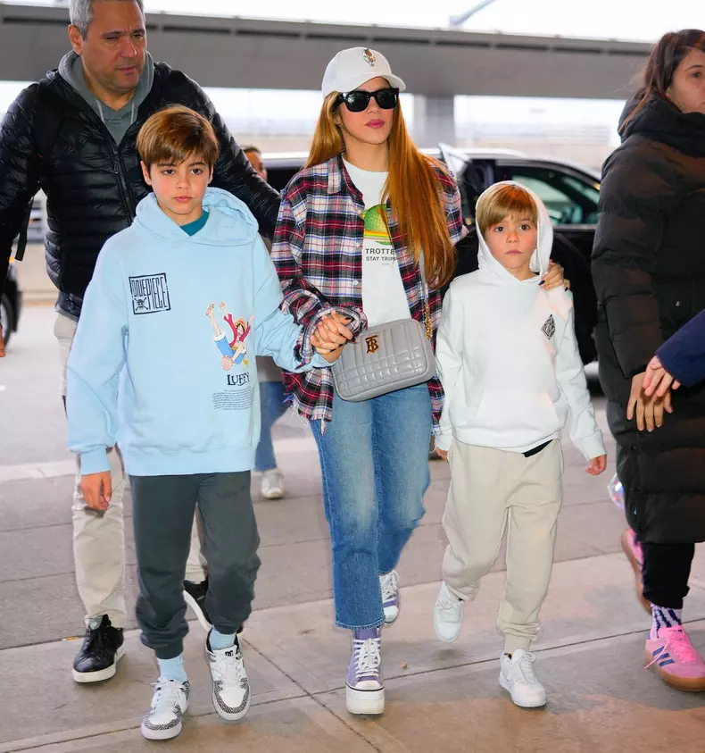 Shakira and her sons Sasha and Milan Pique Mebarak seen departing via JFK Airport in New York