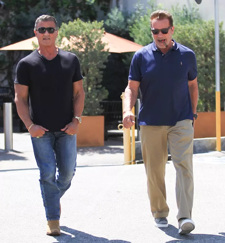 Exclusive... Arnold Schwarzenegger & Sylvester Stallone Get Lunch At Ebaldi In Beverly Hills
