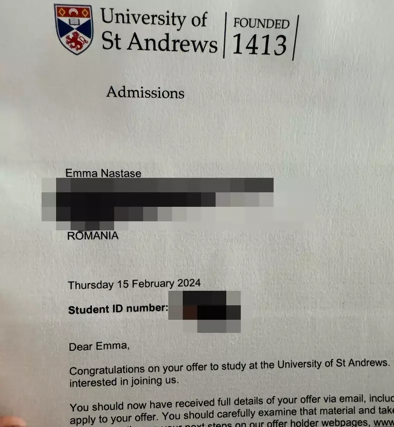 Emma Năstase, fata cea mică a Amaliei și a lui Ilie Năstase, a intrat la University of St Andrews, unde au studiat Prințul William și Kate Middleton