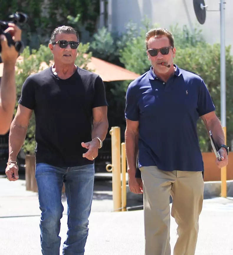 Exclusive... Arnold Schwarzenegger & Sylvester Stallone Get Lunch At Ebaldi In Beverly Hills