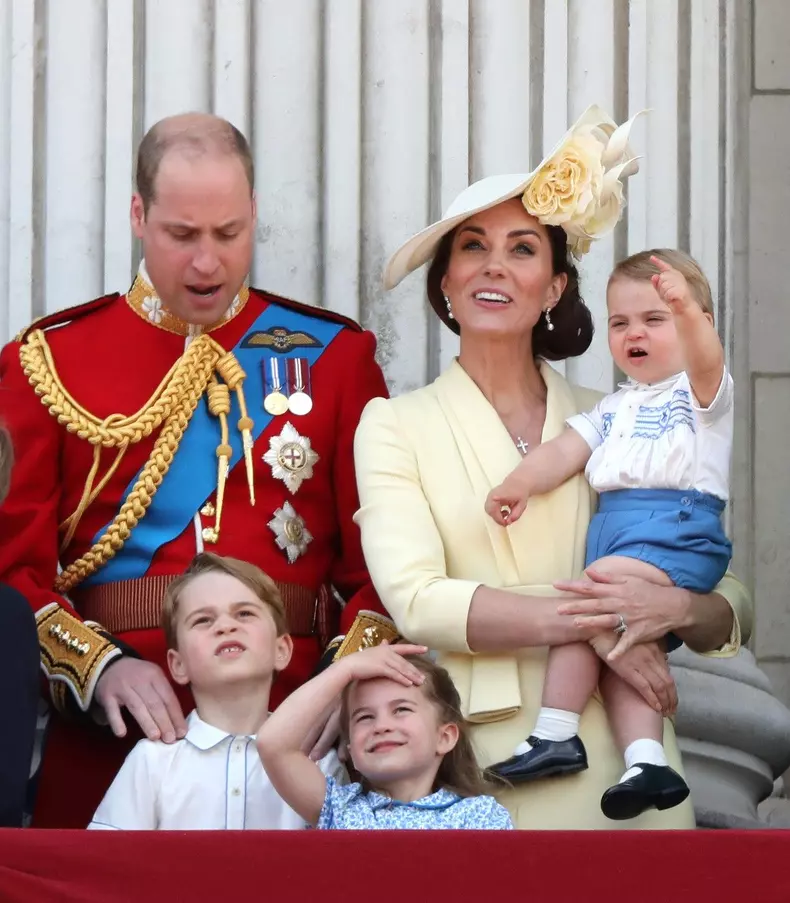 Members of the Royal family including Duchess of Cambridge, Duke of Cambridge, Prince George, Princess Charlotte, Prince Louis, and Queen Elizabeth II at Trooping the Colour, London June 8, 2019