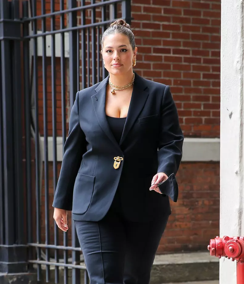 Ashley Graham wears a black suit while leaving the CBS studios in NYC