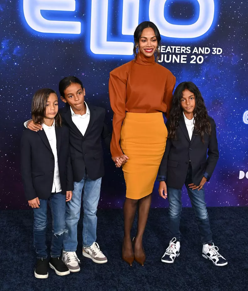 Zoe Saldana, Zen Anton Hilario Perego and Cy Arido Perego and Bowie Ezio Perego arriving to Disney Pixar’s “Elio” Los Angeles premiere held at the El Capitan Theatre on June 10, 2025 in Hollywood, Ca. © Starbuck/ AFF-USA.COM