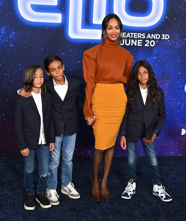 Zoe Saldana, Zen Anton Hilario Perego and Cy Arido Perego and Bowie Ezio Perego arriving to Disney Pixar’s “Elio” Los Angeles premiere held at the El Capitan Theatre on June 10, 2025 in Hollywood, Ca. © Starbuck/ AFF-USA.COM