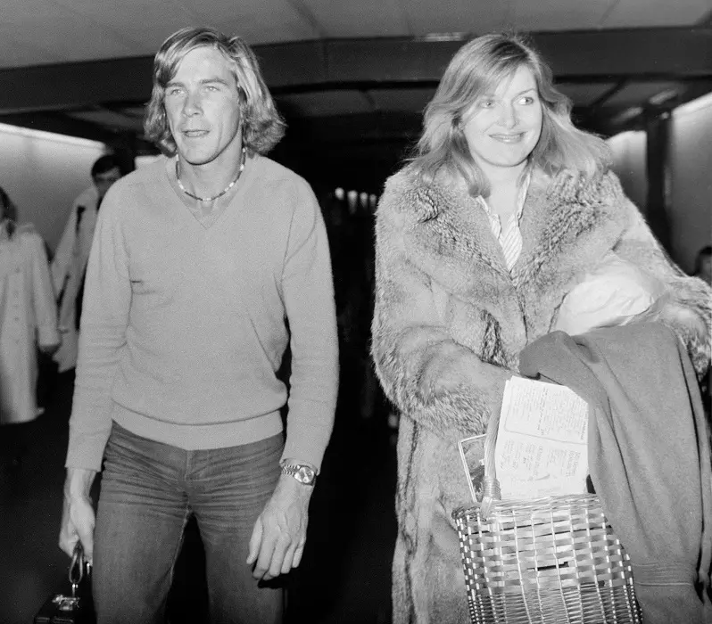 Formula One world racing champion James Hunt and girlfriend Jane Birbeck arriving at London's Heathrow Airport in June 1977.
