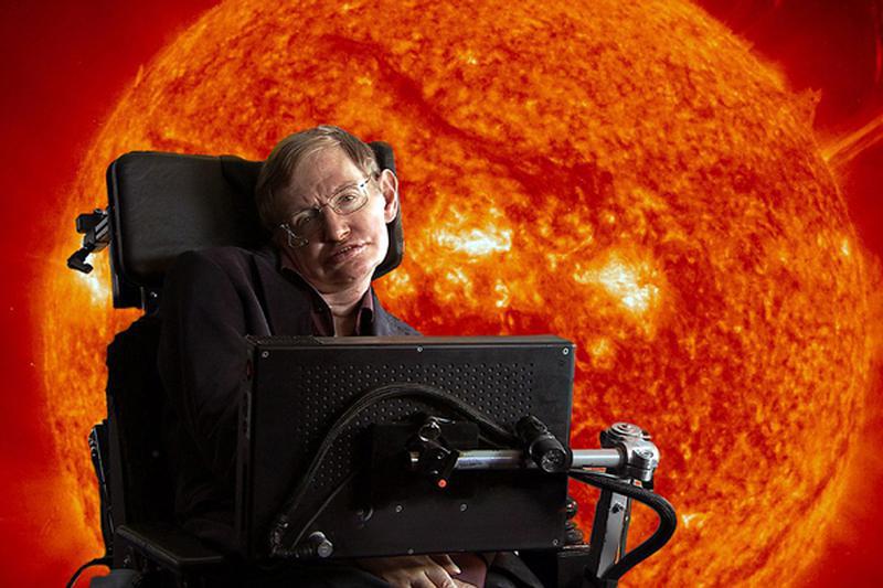 Stephen Hawking in front of sun with coronal mass ejections.
