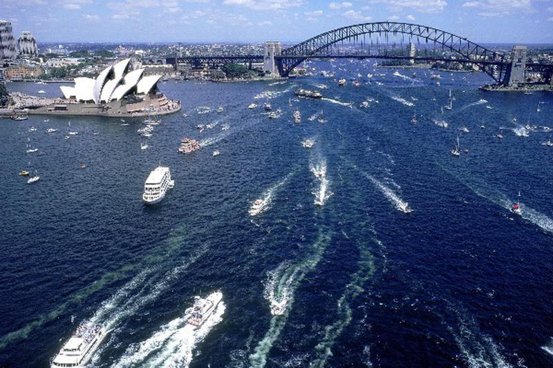 aerial view of boats on harbour for australia day 1999, sydney, nsw