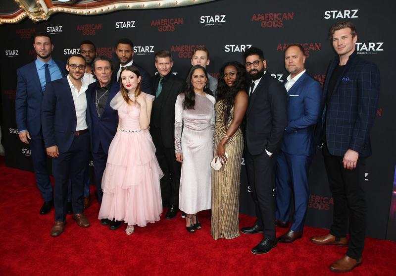 LOS ANGELES, CA - MARCH 5: Pablo Schreiber, Demore Barnes, Omid Abtahi, Ricky Whittle, Ian McShane, Crispin Glover, Emily Browning, Bruce Langley, Sakina Jaffrey, Yetide Badak, Mousa Kraish, Craig Cegielski, Derek Theler, at The Premiere Of STARZ's «American Gods» Season 2 at The Theatre at Ace Hotel in Los Angeles, California on March 5, 2019. CAP/MPIFS ©MPIFS/Capital Pictures