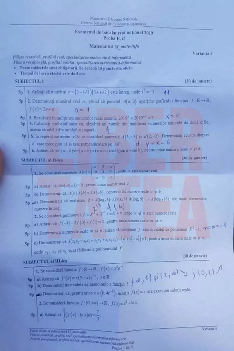 Subiecte Bac 2019 MatematicÄƒ Diverse Unica Ro