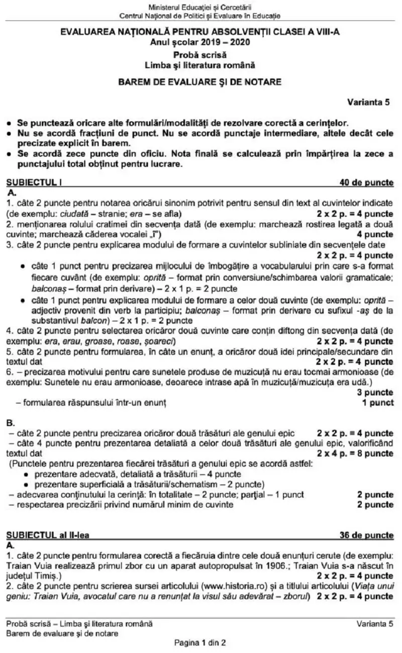 Evaluare NaÈ›ionalÄƒ 2020 Probe Subiecte Barem De Corectare Diverse Unica Ro