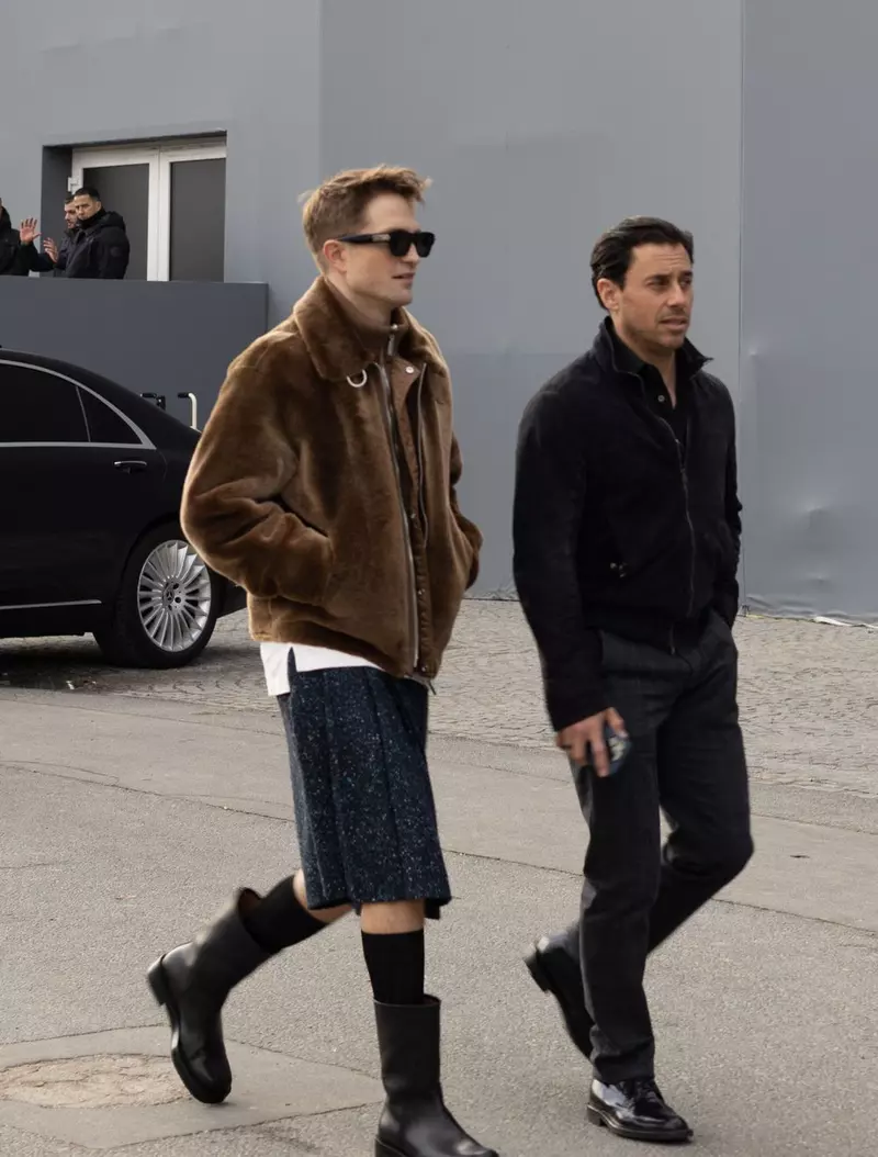 Robert Pattinson wearing a kilt leaves Dior show – Paris