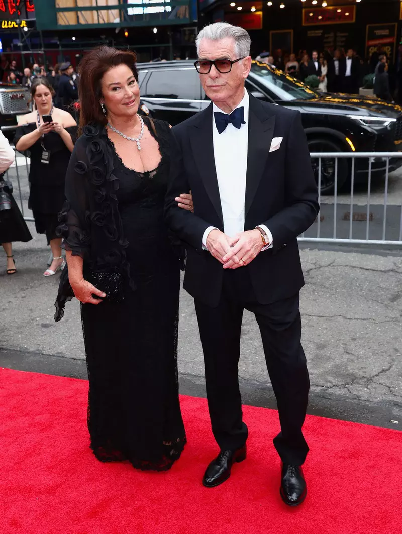 Pierce Brosnan and his wife attends the opening night of Broadway show „Good Night and Good Luck” with George Clooney in New York, NY on April 3, 2025. Photo by Charles Guerin/ABACAPRESS.COM