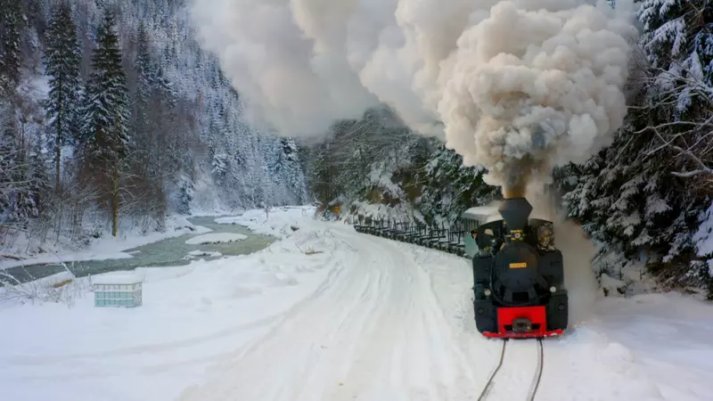 Aerial view Mocanita steam railway. (National Geographic)