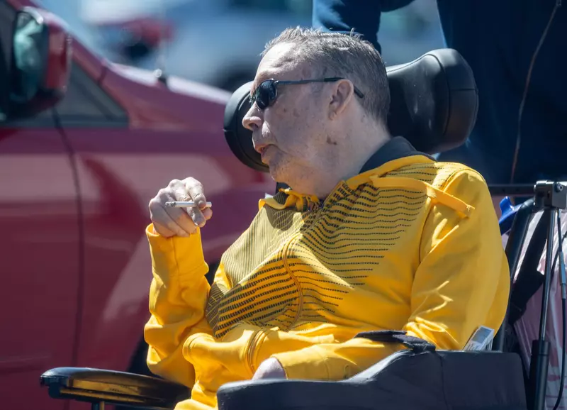 EXCLUSIVE: Smoke Show! Legendary Actor Tim Curry Looks Cool In Yellow Track Jacket While Smoking A Cigarette As He Celebrates His 78th Birthday In LA – 18 Apr 2024